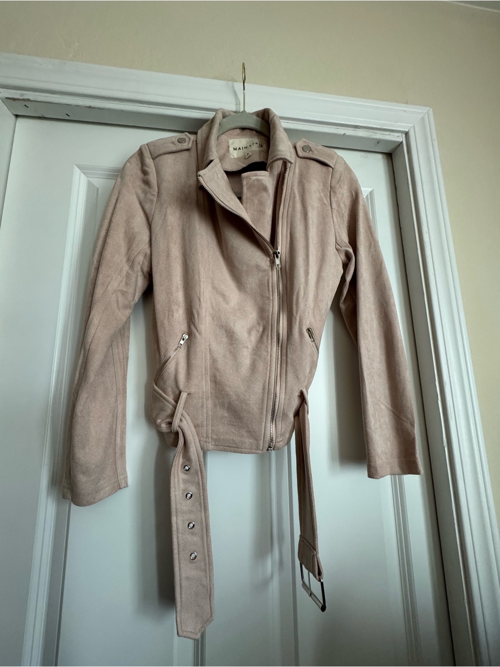 Main Strip Size Small Solid Blush Cream Faux Suede Moto Jacket With Belt